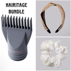 Hairitage Stretch It Out Hair Comb/Tan Raffia Headband & White Scrunchie. NWT